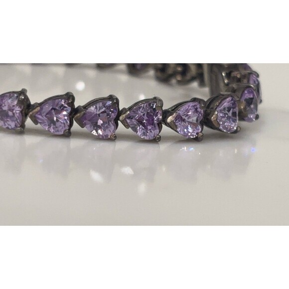 Vintage Sterling Silver Bracelet Purple Glass Heart Stones Signed 7" - Picture 7 of 14